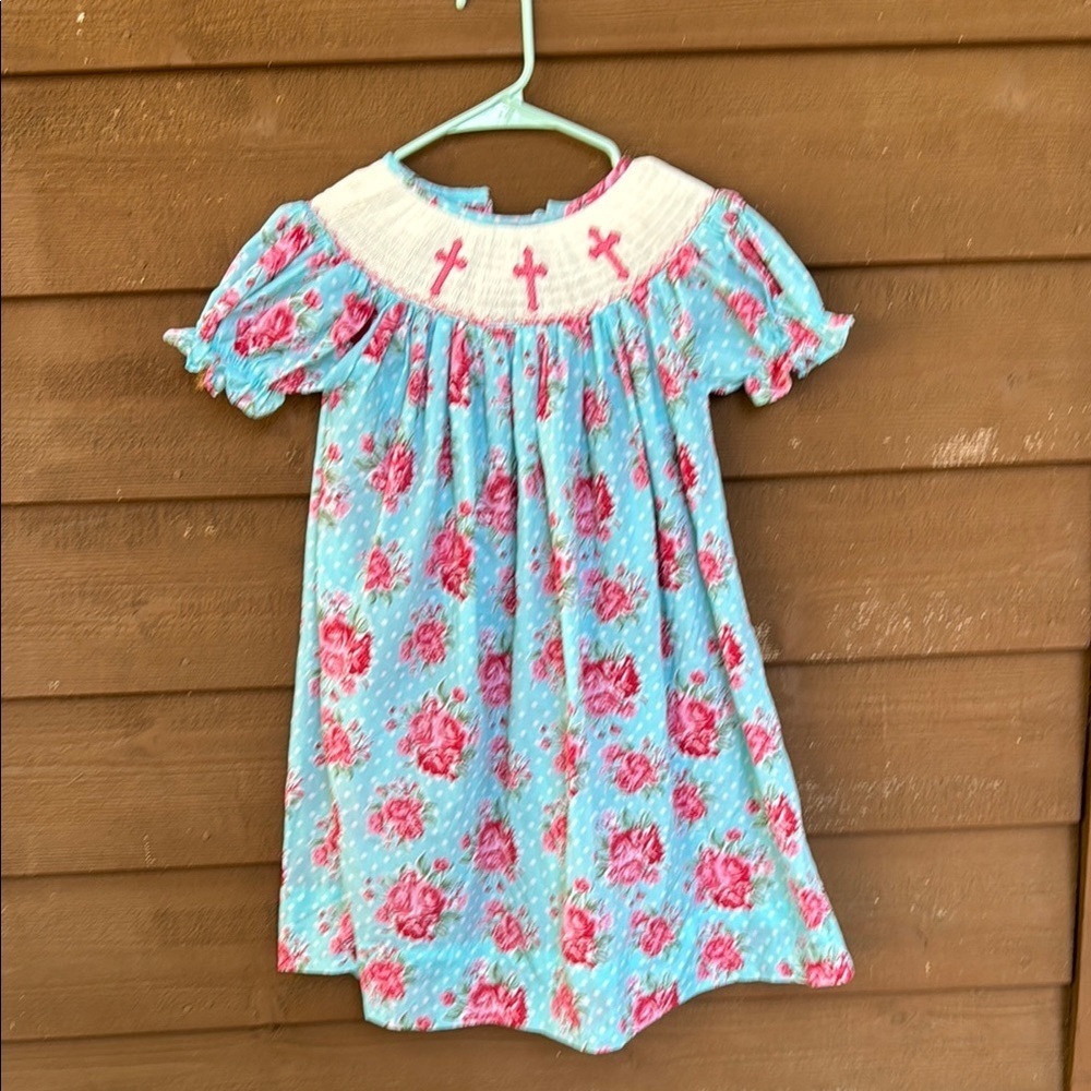 Addie Hadlie floral smocked dress with cross design size 5T